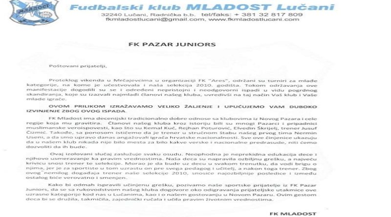 fk-mladost-lucani:-zalimo-i-izvinjavamo-se-zbog-nacionalistickog-ispada