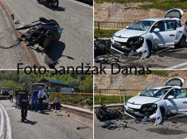 Motocikl i putnički automobil nakon sudara kod Lukara