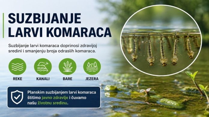 Radnici i oprema za tretman larvi komaraca na vodenim površinama u Novom Pazaru