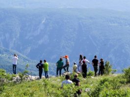 Ilustracija turističke grupe i vodiča tokom obilaska grada