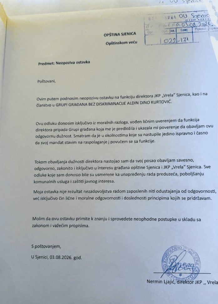 Nermin Ljajić podneo neopozivu ostavku na mesto direktora JKP „Vrela“ u Sjenici